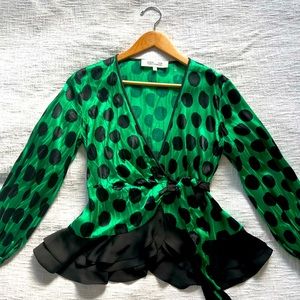 Diane Von Furstenberg Crêpe Paneled polka dot Satin jacquard wrap top